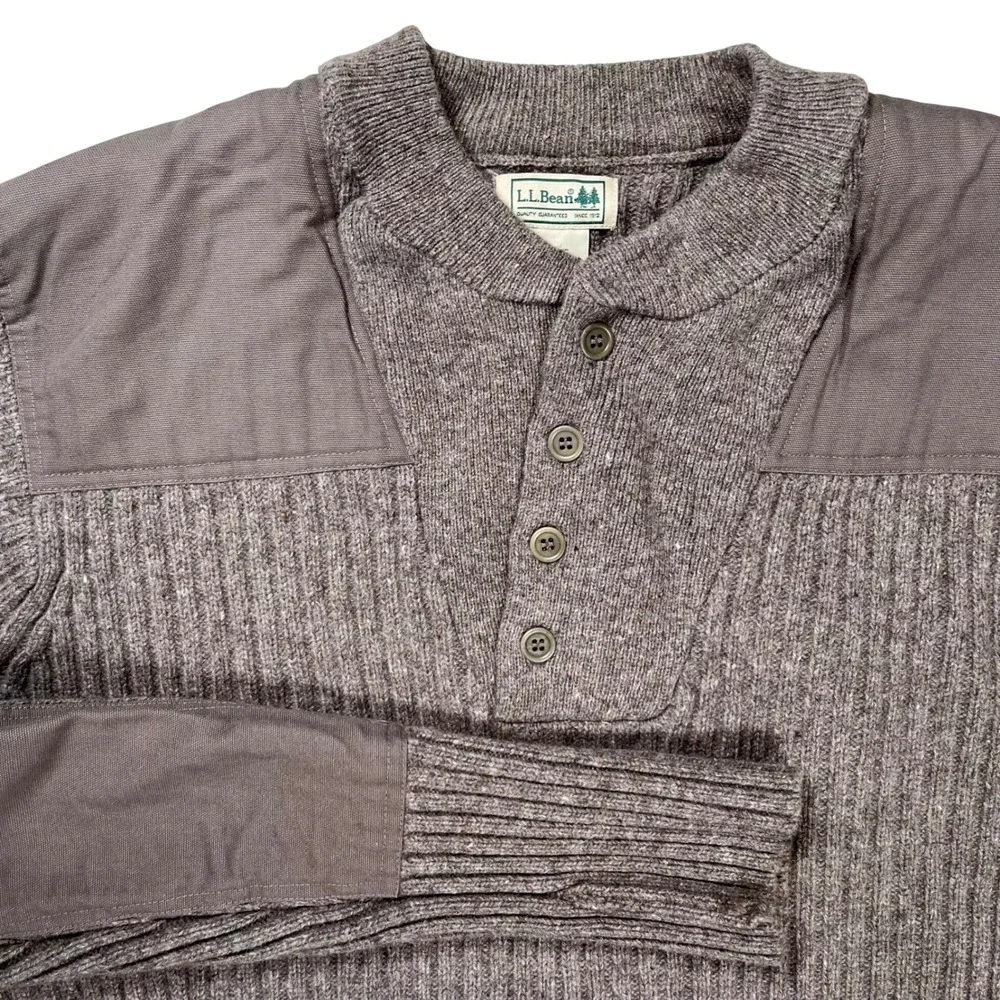 LL Bean Commando Henley Sweater Men Large Brown Merino Lambswool Ribbed Patches